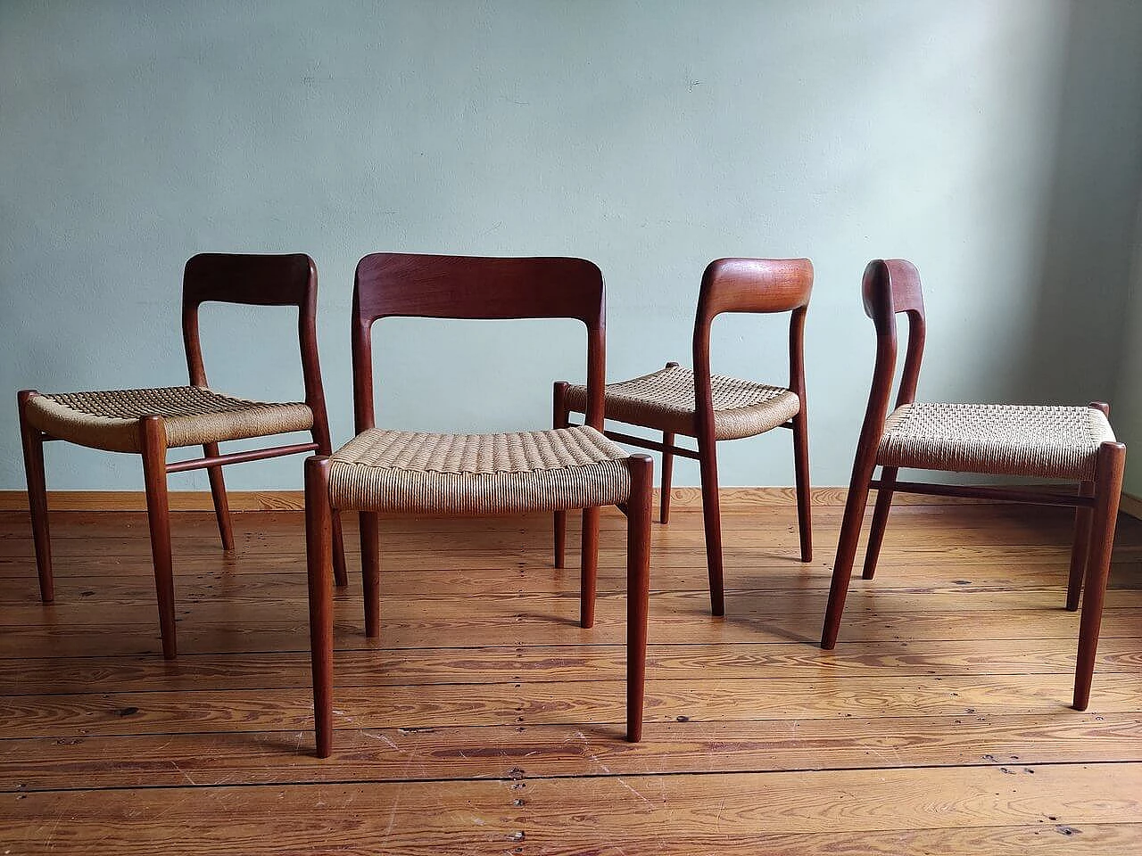 4 Chairs 75 in teak with paper cord seat by Niels Otto Mølller, 1950s 2