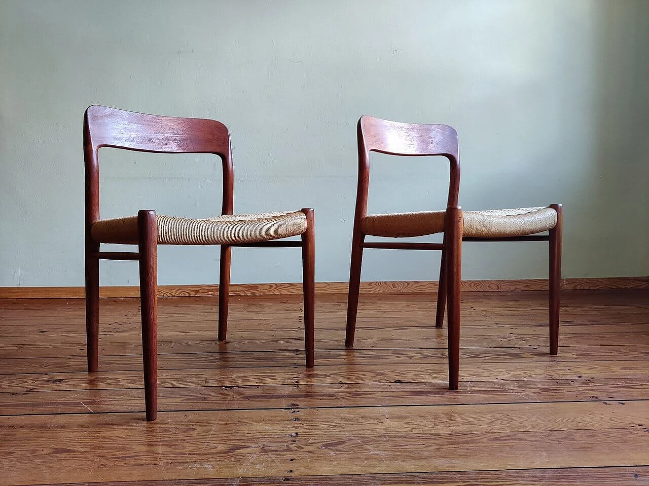 4 Chairs 75 in teak with paper cord seat by Niels Otto Mølller, 1950s 4