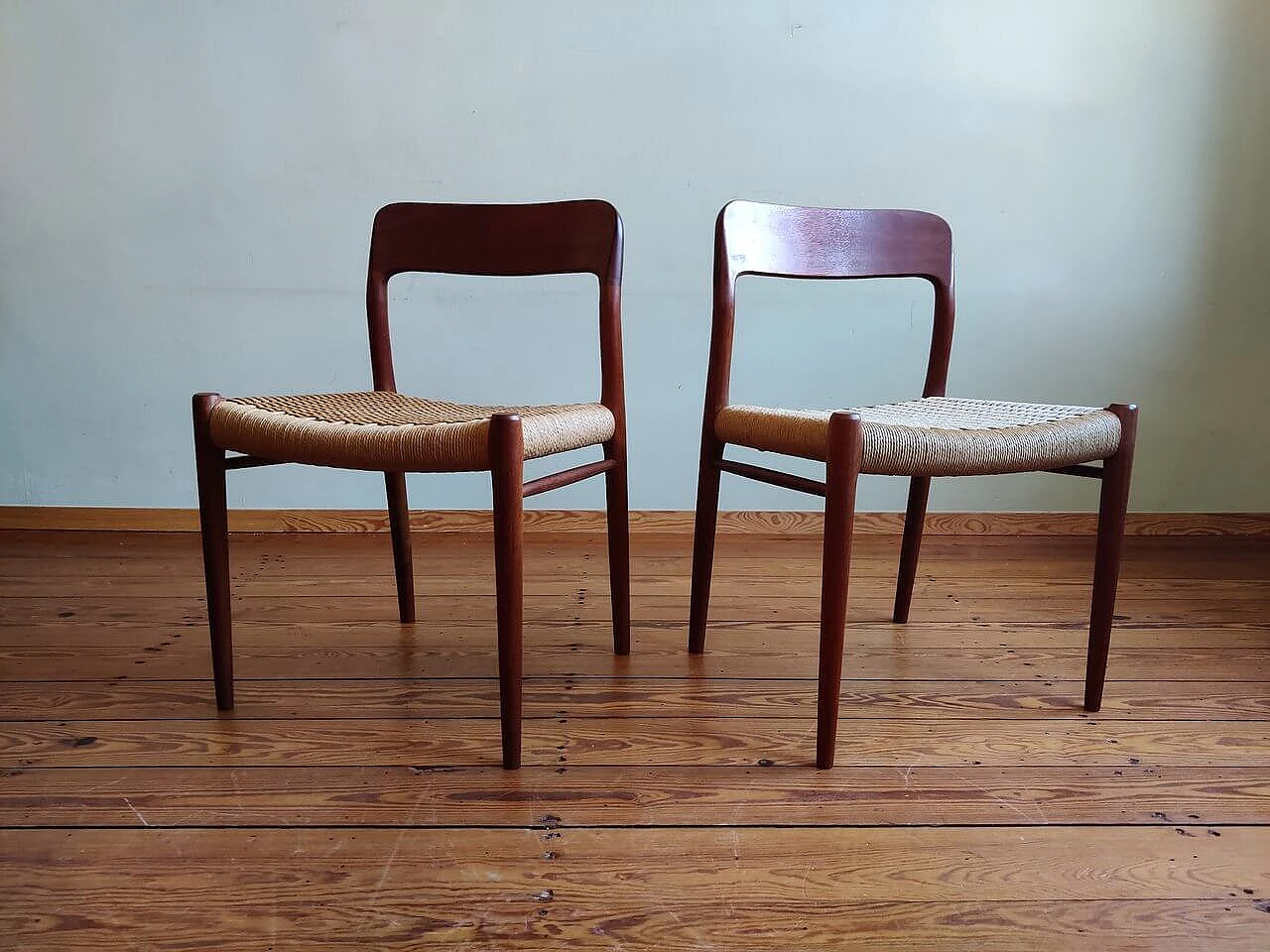 4 Chairs 75 in teak with paper cord seat by Niels Otto Mølller, 1950s 5