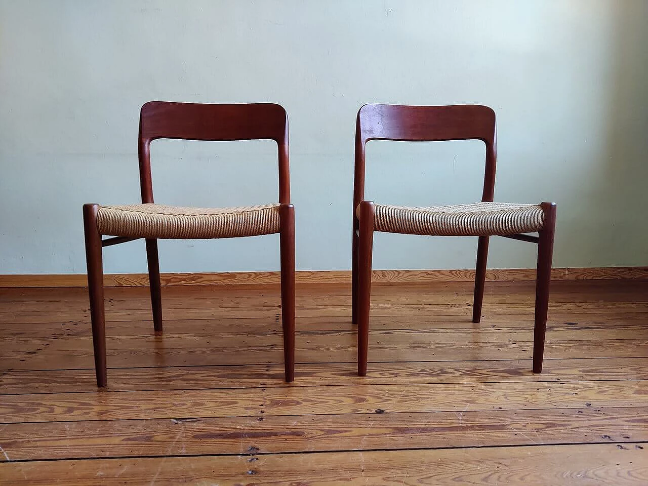 4 Chairs 75 in teak with paper cord seat by Niels Otto Mølller, 1950s 6