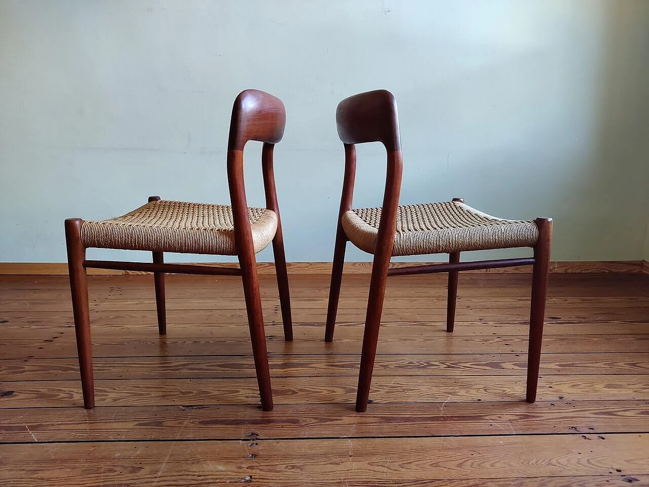 4 Chairs 75 in teak with paper cord seat by Niels Otto Mølller, 1950s 7