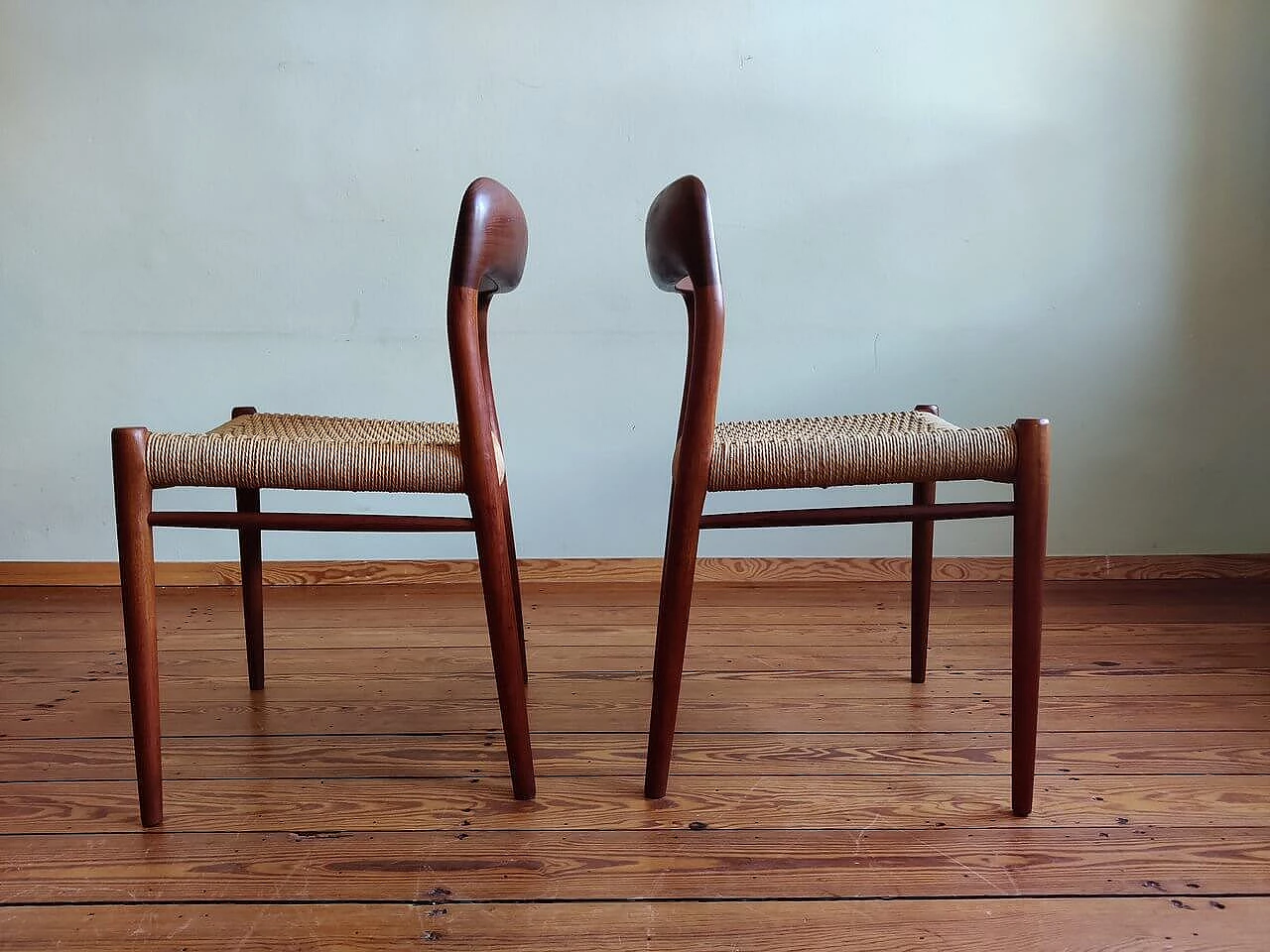 4 Chairs 75 in teak with paper cord seat by Niels Otto Mølller, 1950s 8