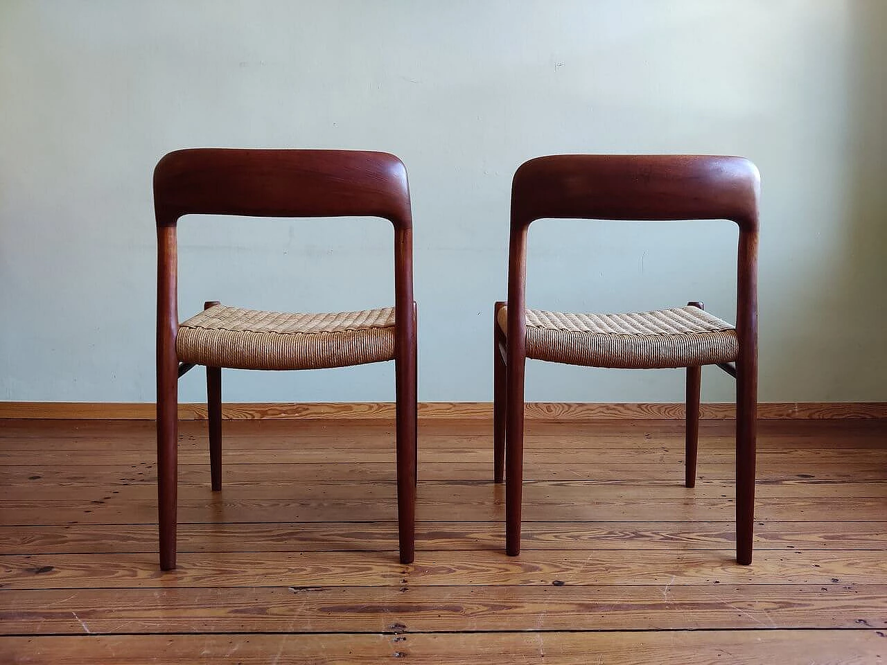 4 Chairs 75 in teak with paper cord seat by Niels Otto Mølller, 1950s 9