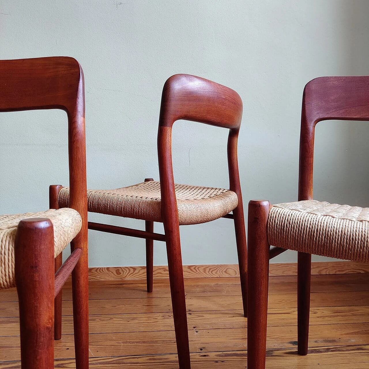 4 Chairs 75 in teak with paper cord seat by Niels Otto Mølller, 1950s 10