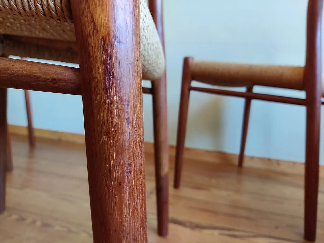 4 Chairs 75 in teak with paper cord seat by Niels Otto Mølller, 1950s 15