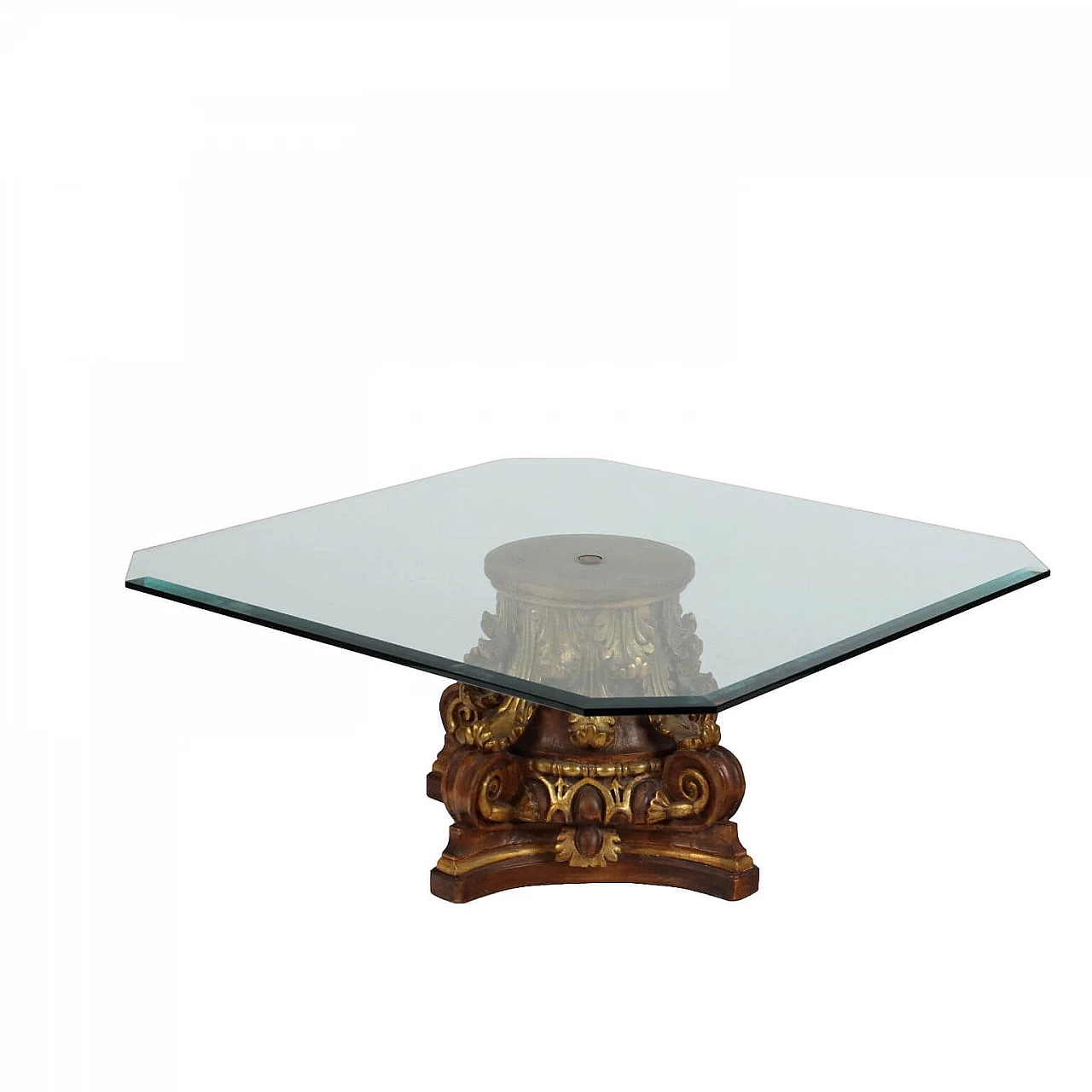 Lacquered, gilded and carved wood coffee table with glass top 1