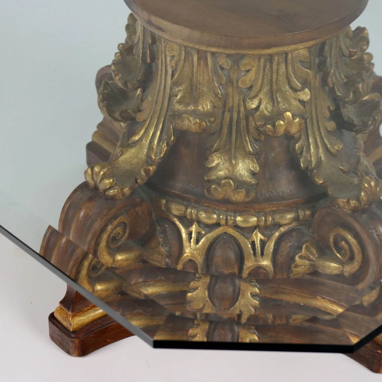 Lacquered, gilded and carved wood coffee table with glass top 5