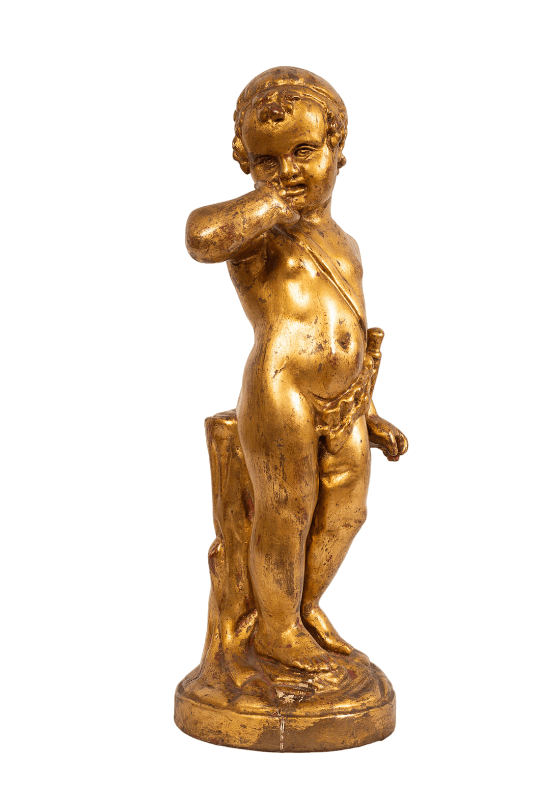 Scultura in legno dorato e intagliato raffigurante un putto gioioso, '800