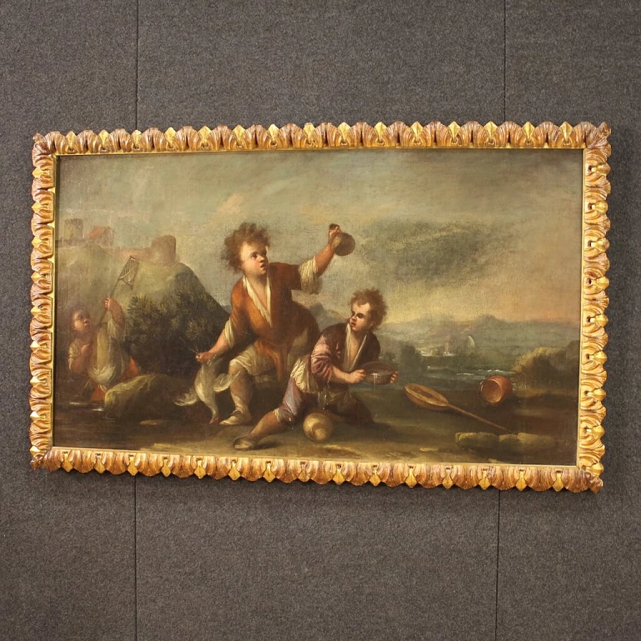 Painting depicting a landscape with children, oil on canvas, 18th century 13