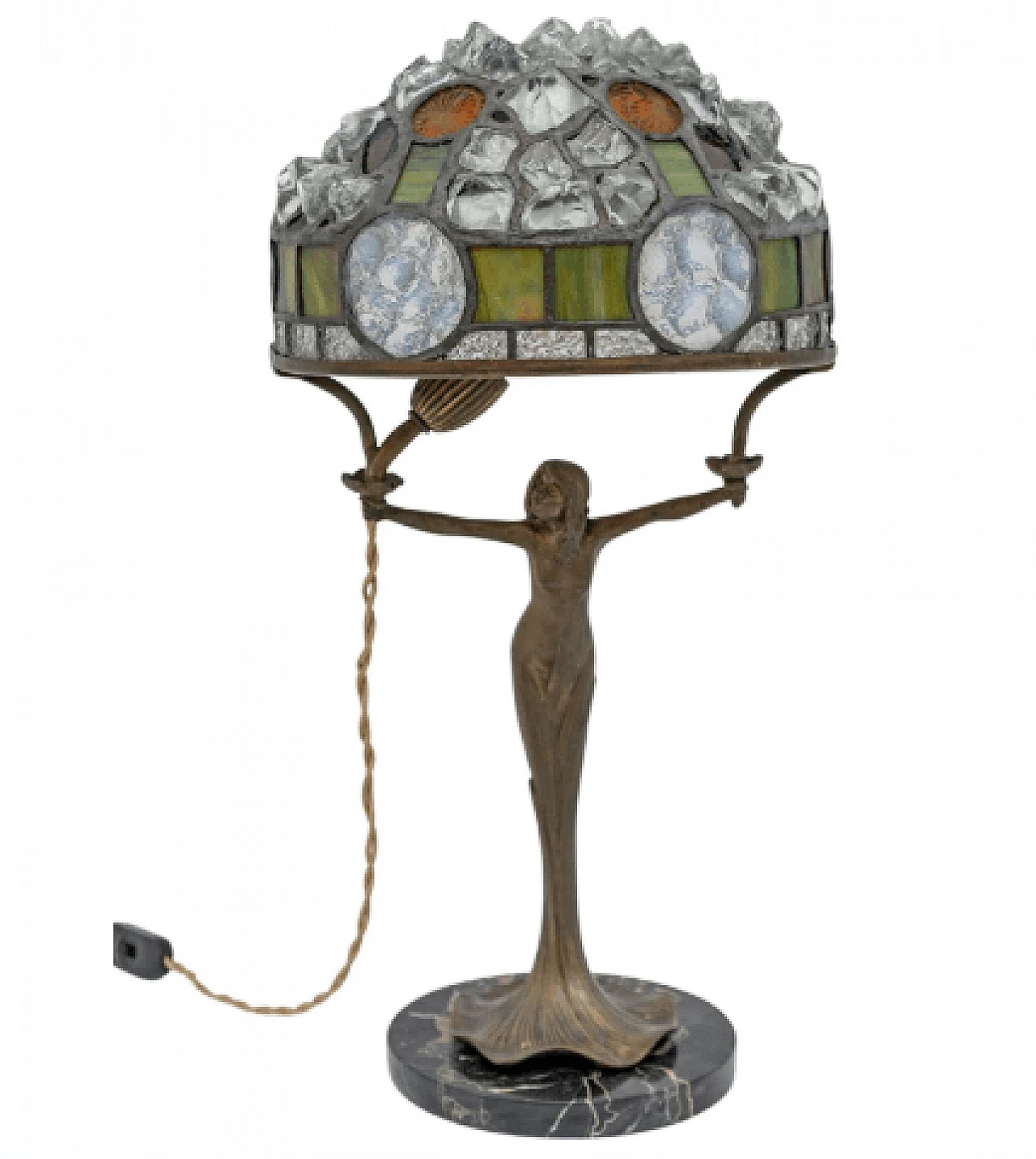 Art Nouveau Tiffany style brass, glass and crystal table lamp, 1930s 1