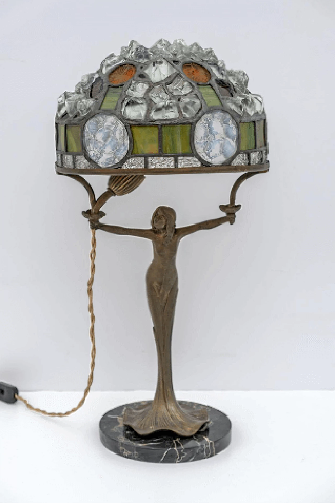 Art Nouveau Tiffany style brass, glass and crystal table lamp, 1930s 2