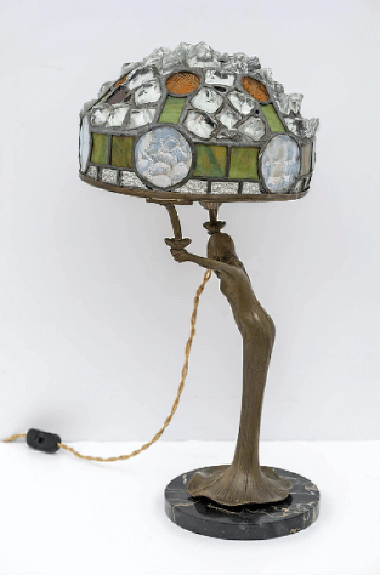 Art Nouveau Tiffany style brass, glass and crystal table lamp, 1930s 3