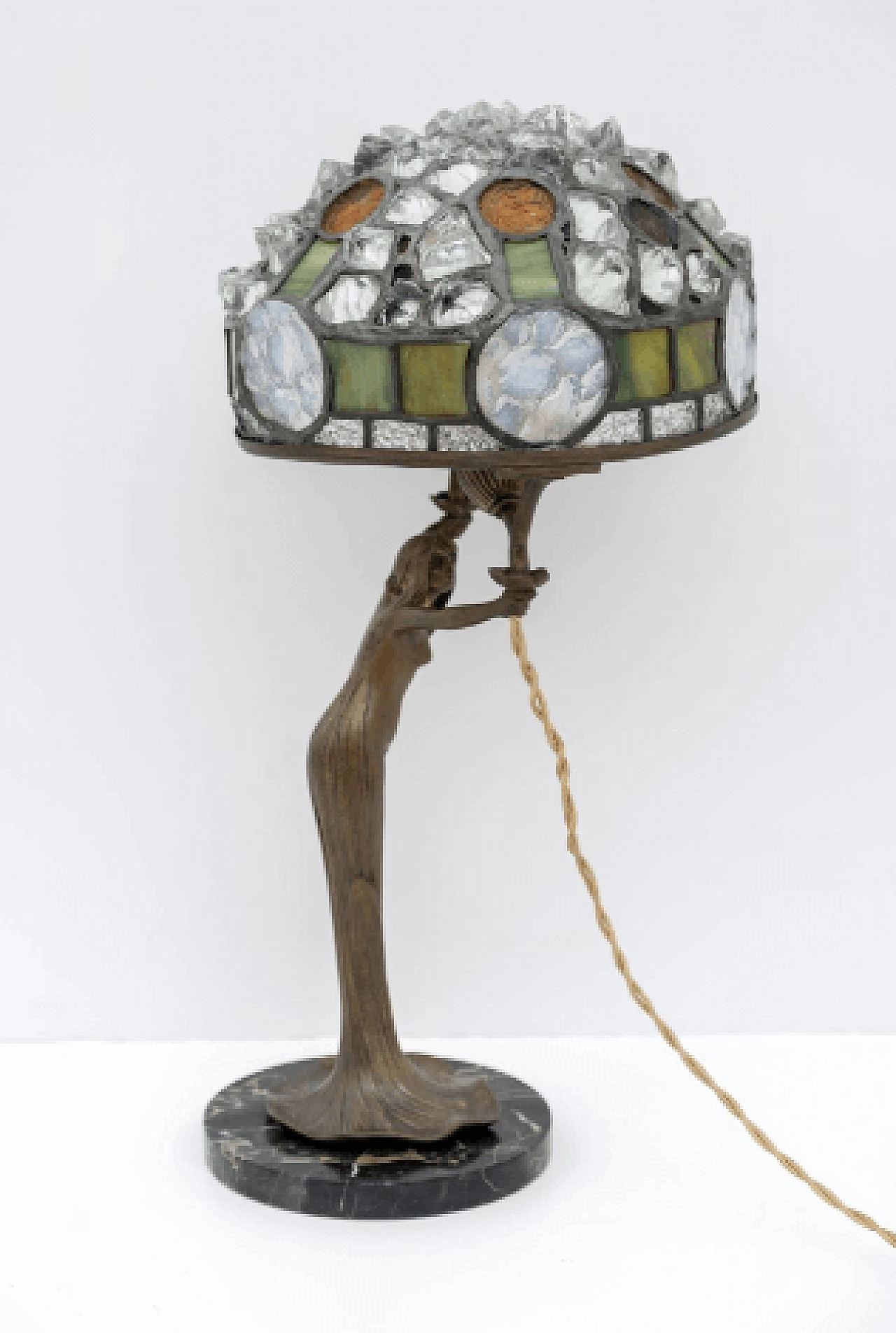 Art Nouveau Tiffany style brass, glass and crystal table lamp, 1930s 4