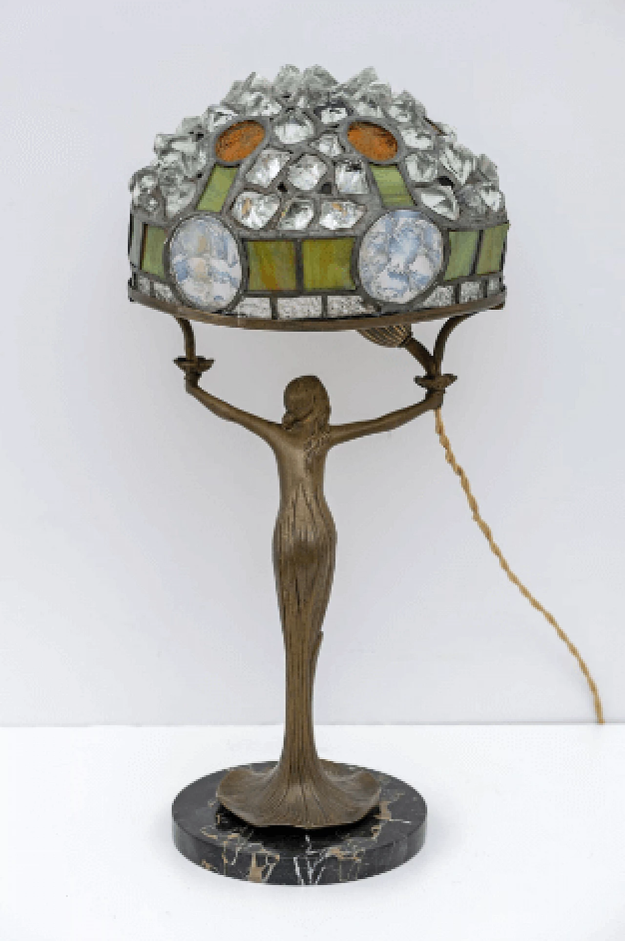 Art Nouveau Tiffany style brass, glass and crystal table lamp, 1930s 5