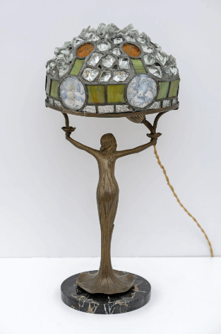 Lampada da tavolo Art Nouveau stile Tiffany in ottone, vetro e cristallo,  anni '30