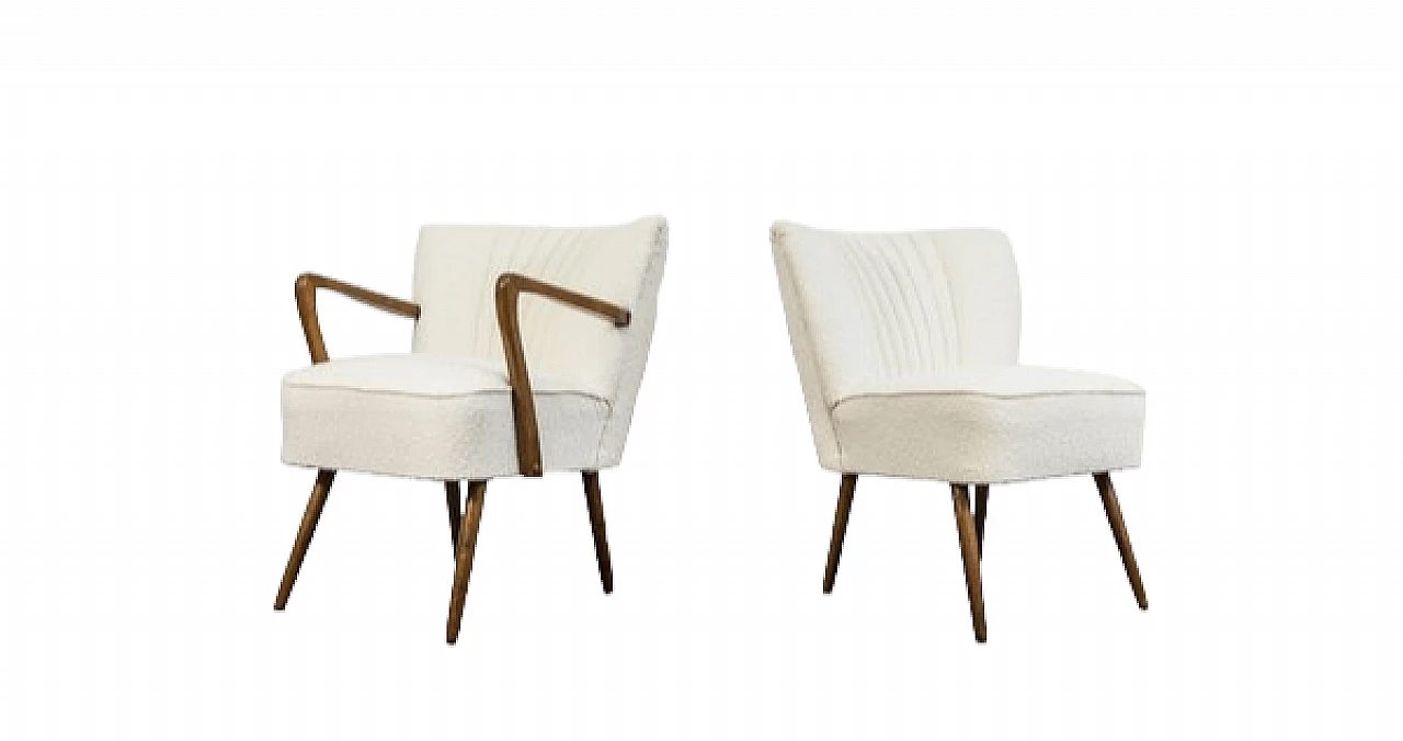 Beech and white bouclé fabric armchair and chair, 1950s 20