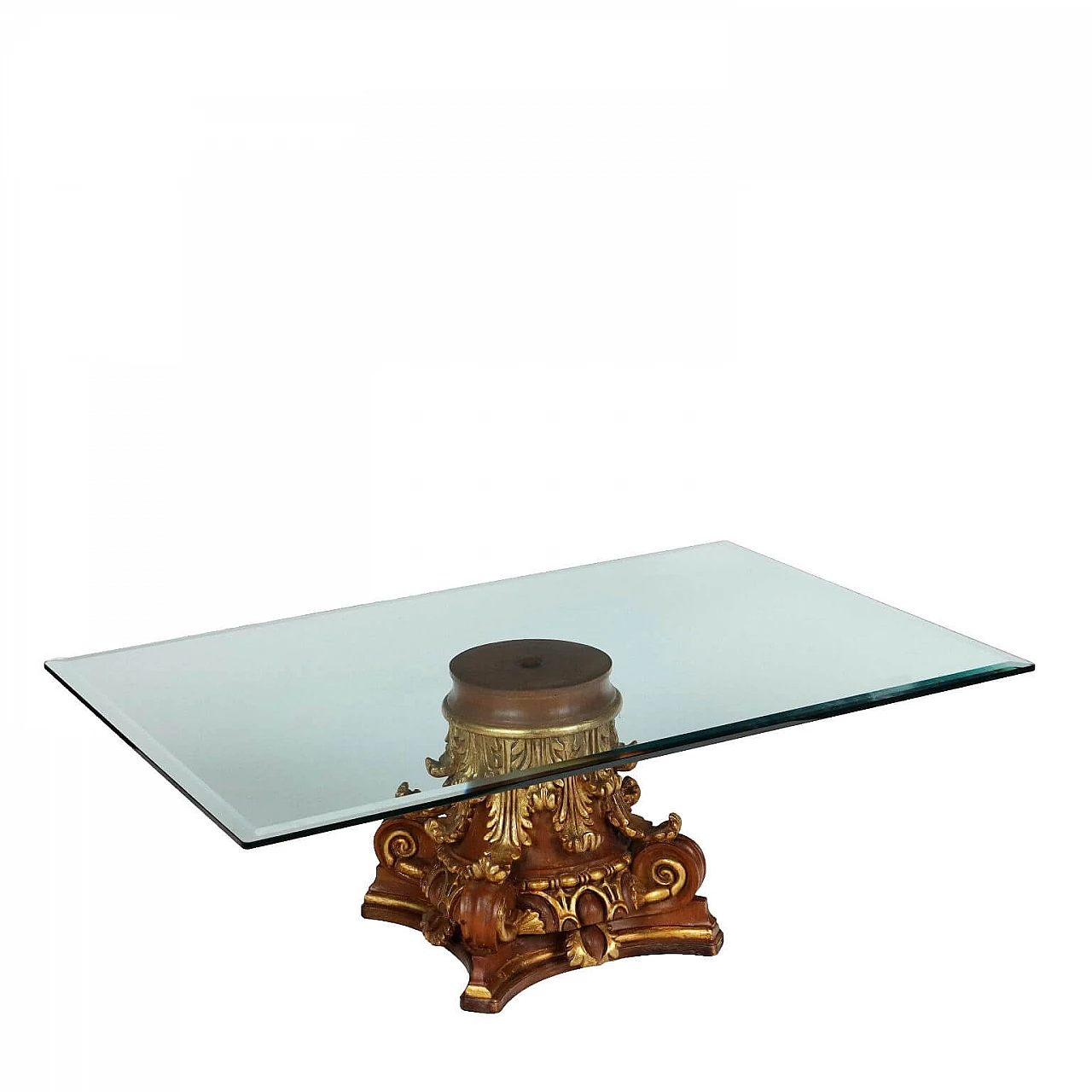 Carved, lacquered and gilded wood coffee table with glass top 1