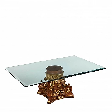 Carved, lacquered and gilded wood coffee table with glass top