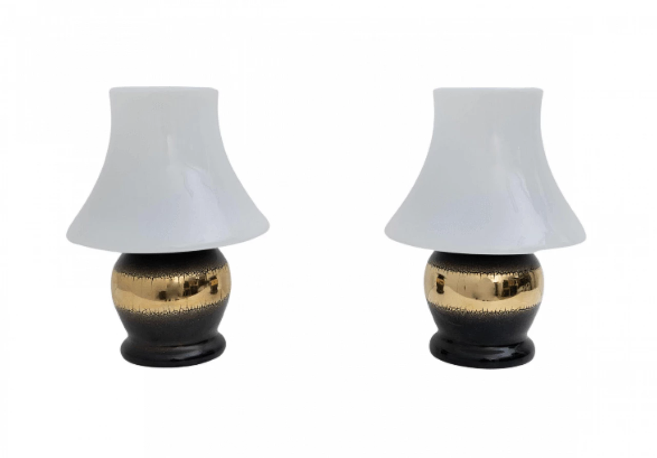 Pair of Murano glass table lamps with gilded band, 1970s 1