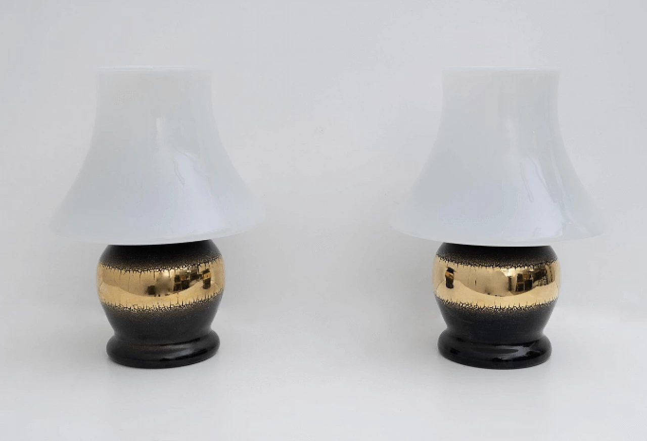 Pair of Murano glass table lamps with gilded band, 1970s 2