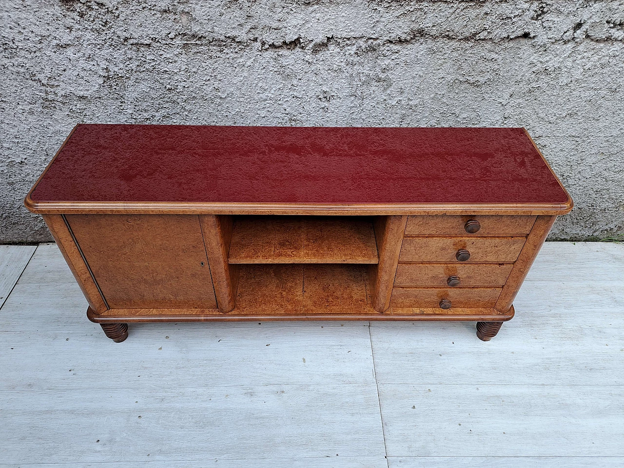 Art Deco briar-root sideboard with burgundy glass top, 1930s 2