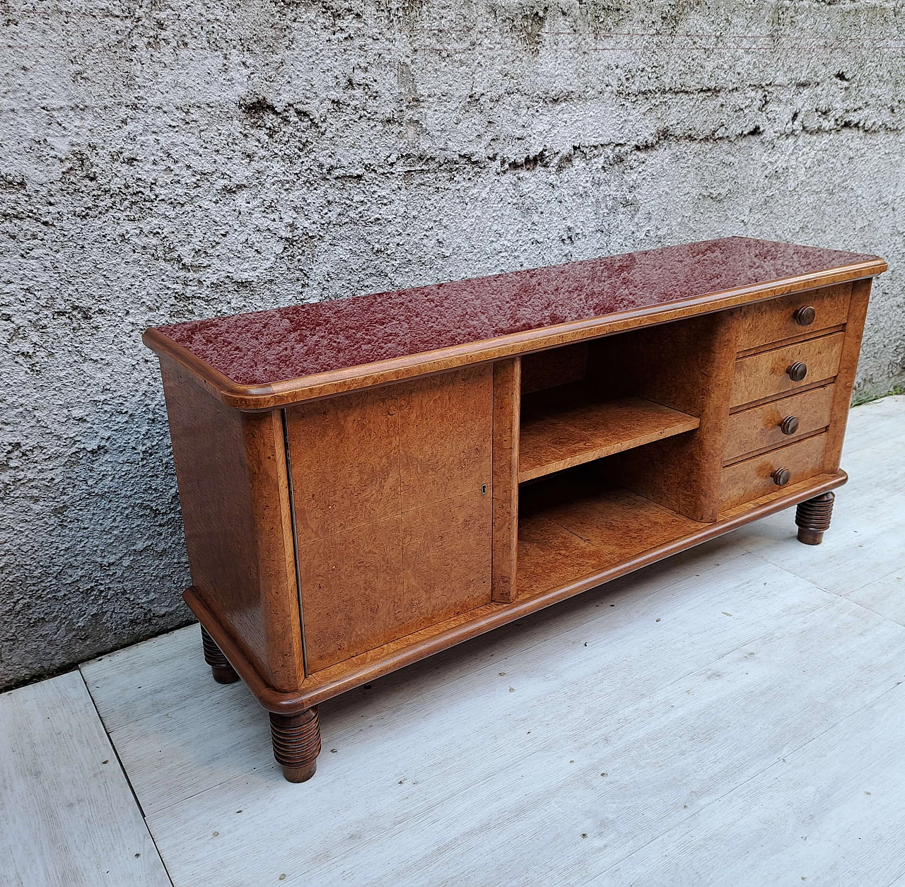 Art Deco briar-root sideboard with burgundy glass top, 1930s 3