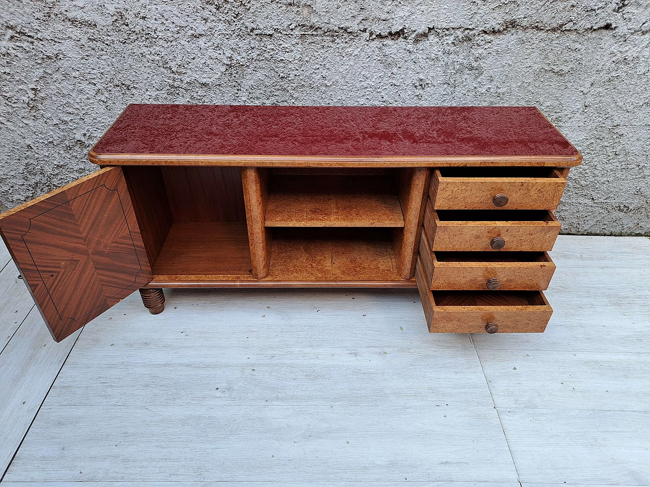 Art Deco briar-root sideboard with burgundy glass top, 1930s 5