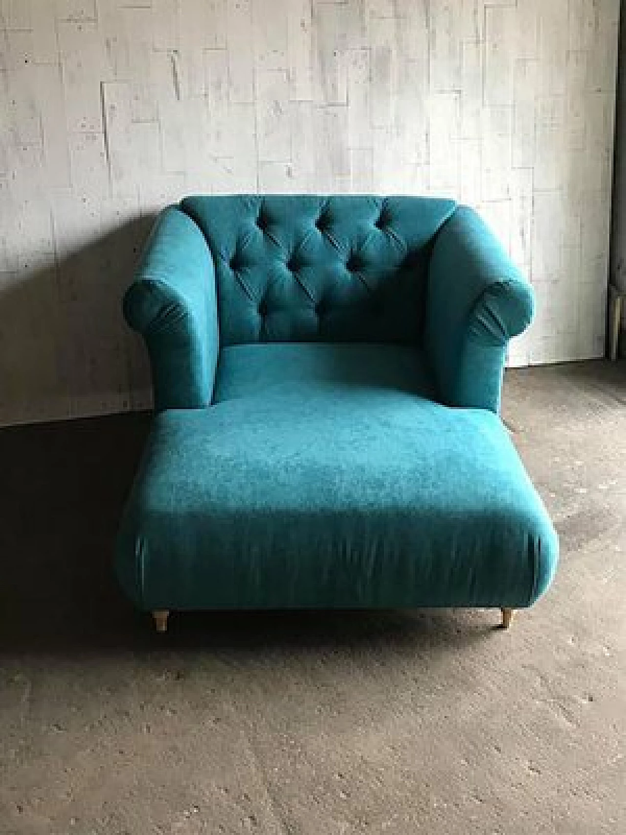 Hungarian oak and turquoise fabric chaise longue, 2000s 1