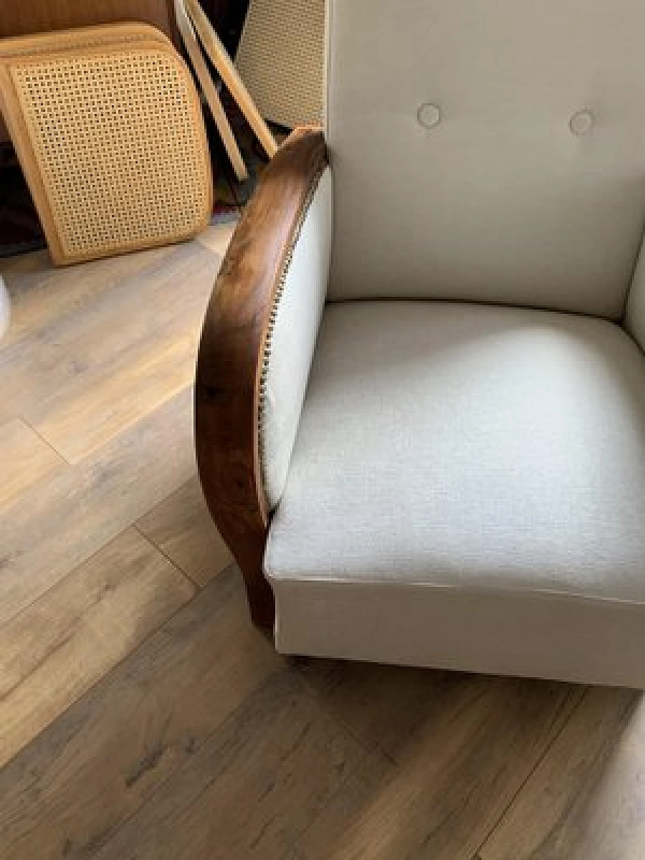 Hungarian Art Deco wood and beige fabric armchair, 1930s 6