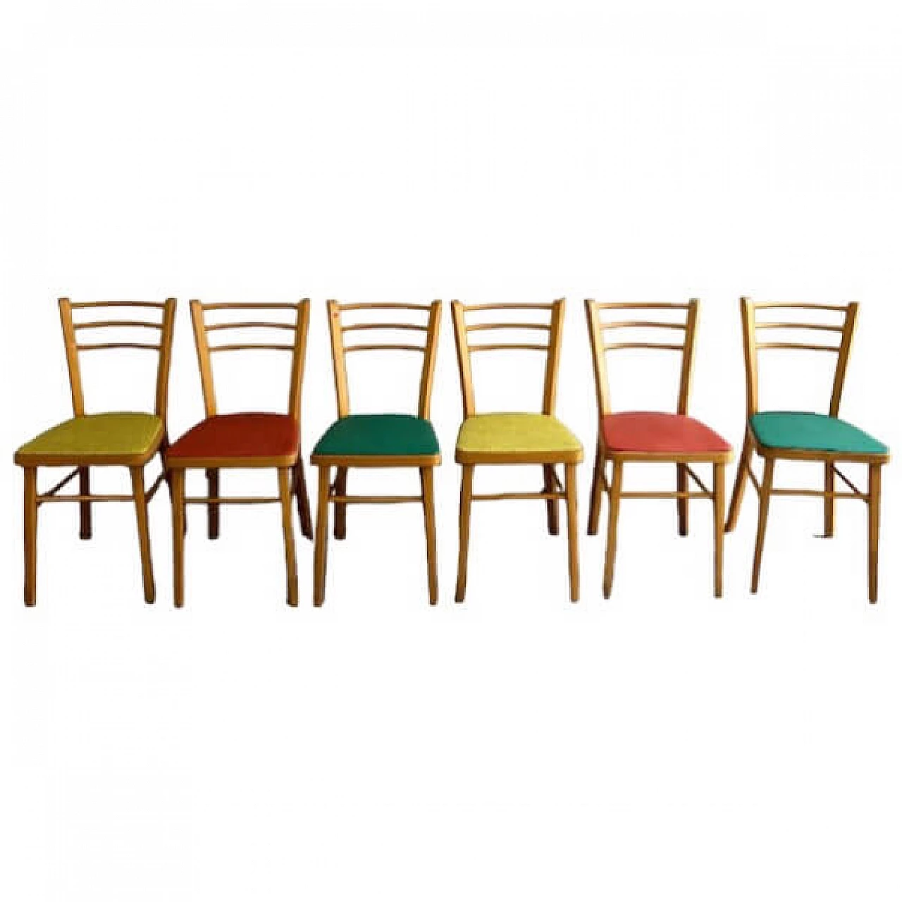 6 Sedie in legno e skai colorato, anni '60 11