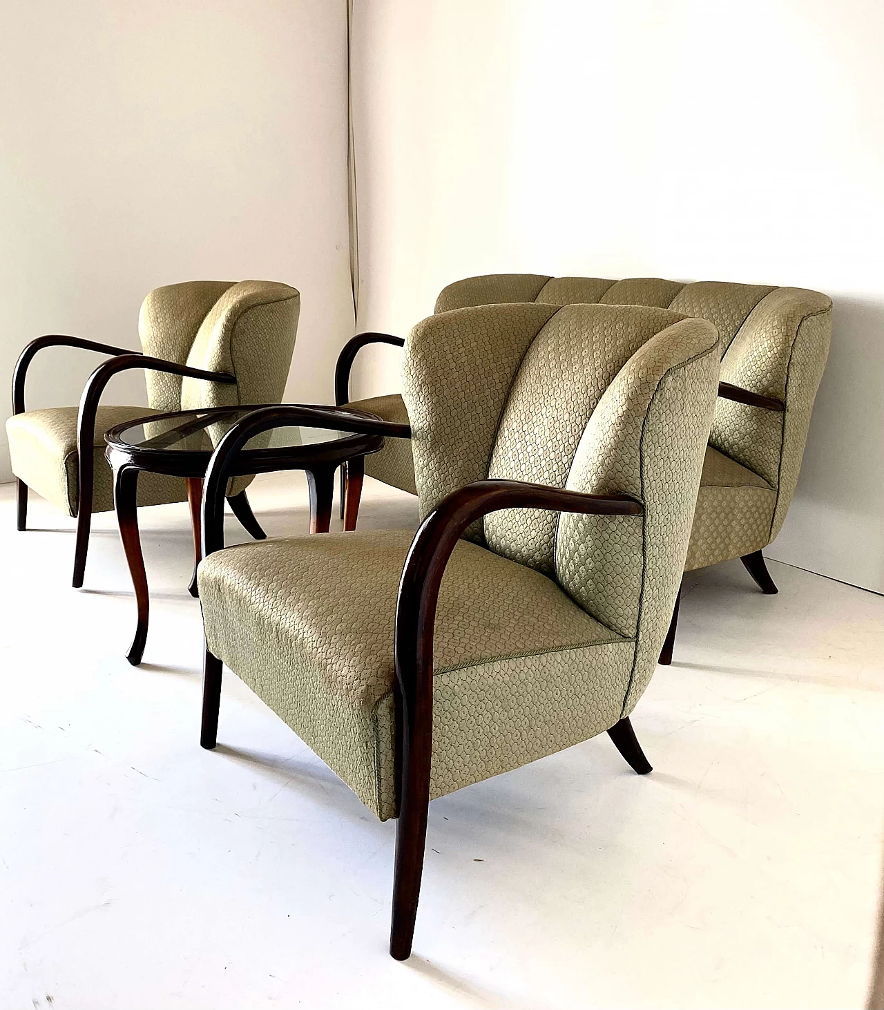 Pair of Art Deco armchairs, sofa and coffee table in solid walnut, 1930s 6