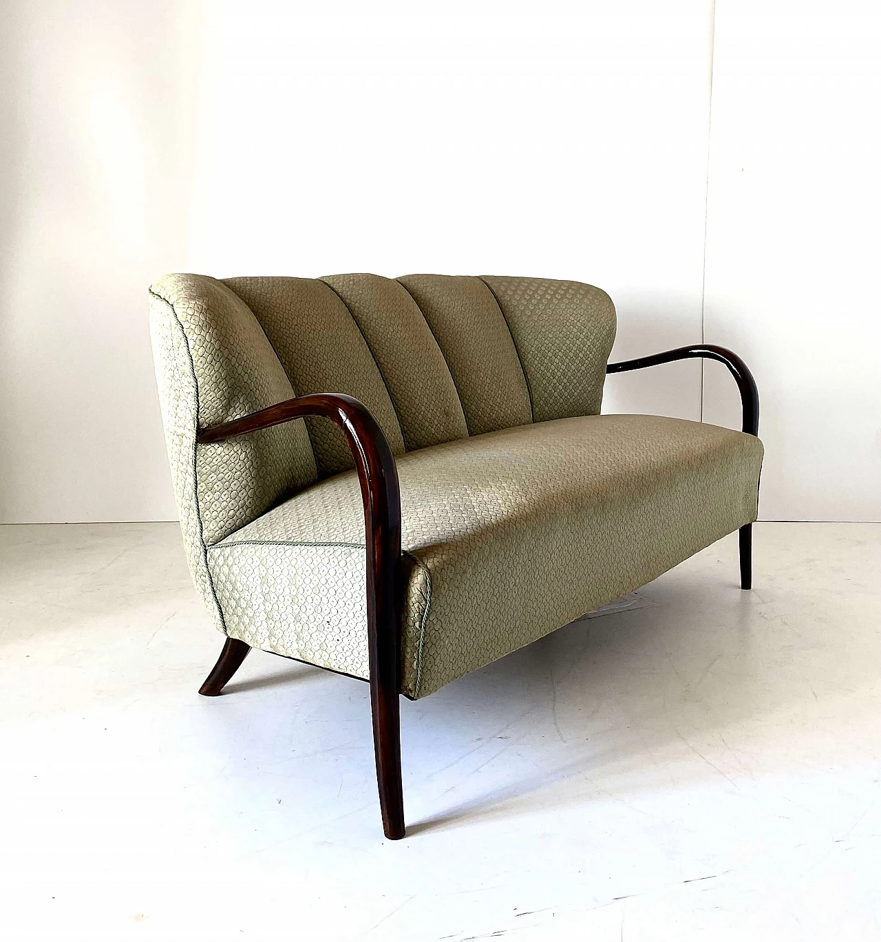 Pair of Art Deco armchairs, sofa and coffee table in solid walnut, 1930s 10