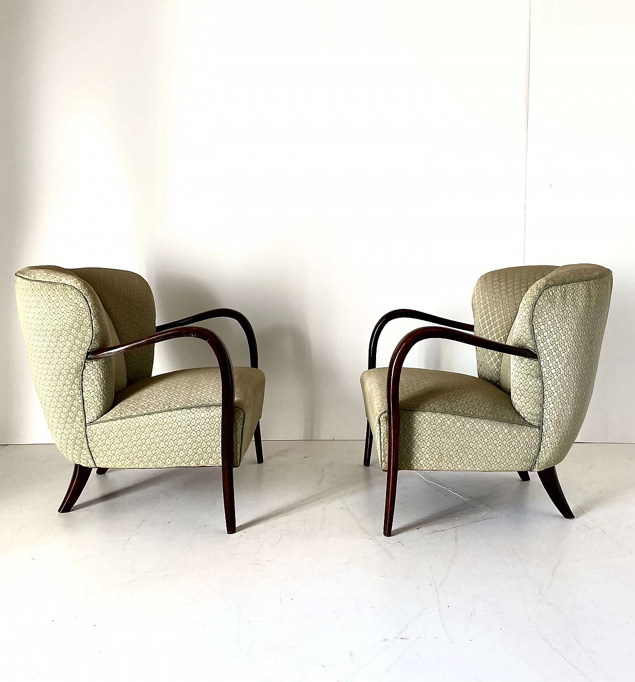 Pair of Art Deco armchairs, sofa and coffee table in solid walnut, 1930s 16