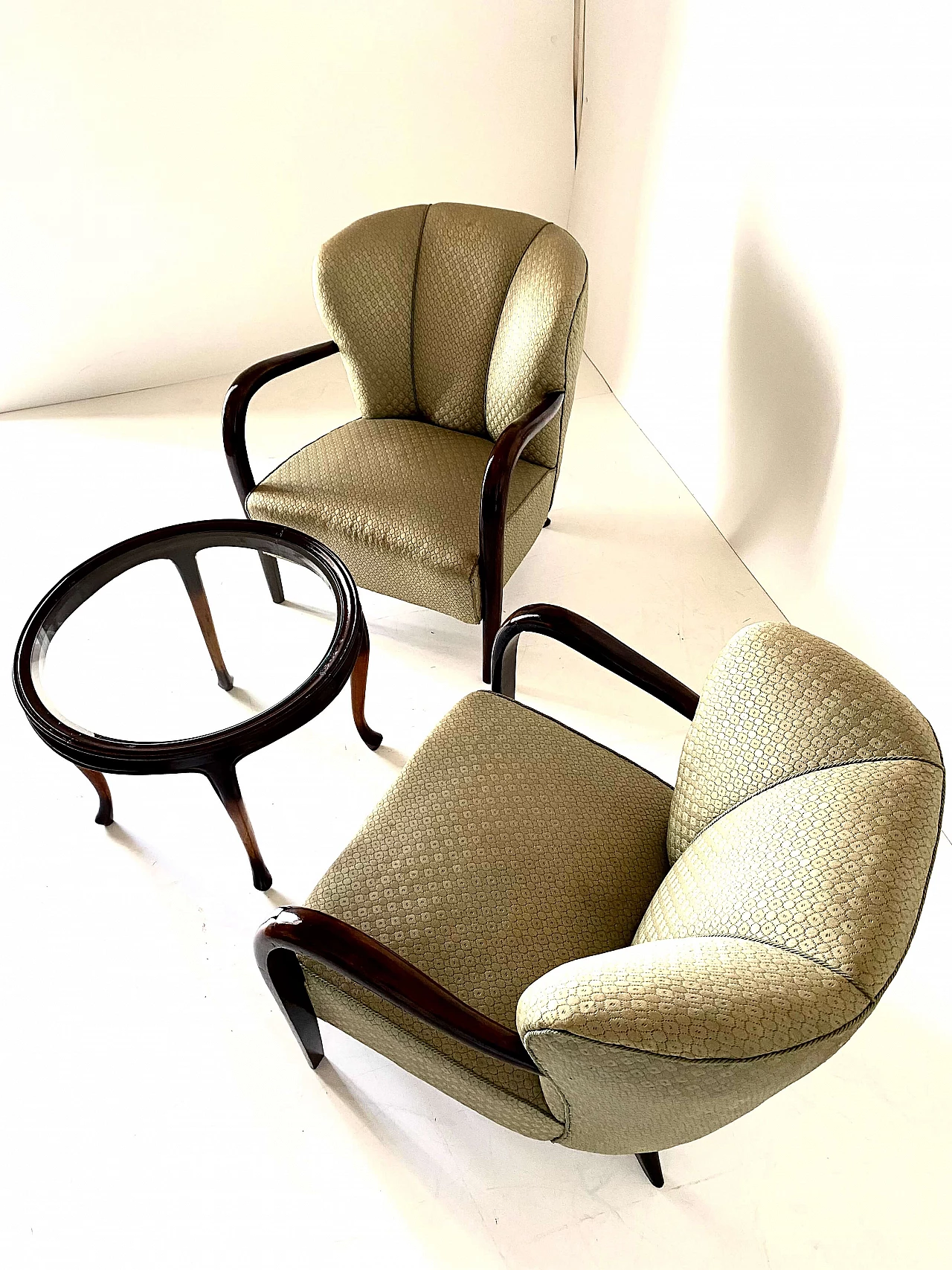 Pair of Art Deco armchairs, sofa and coffee table in solid walnut, 1930s 20