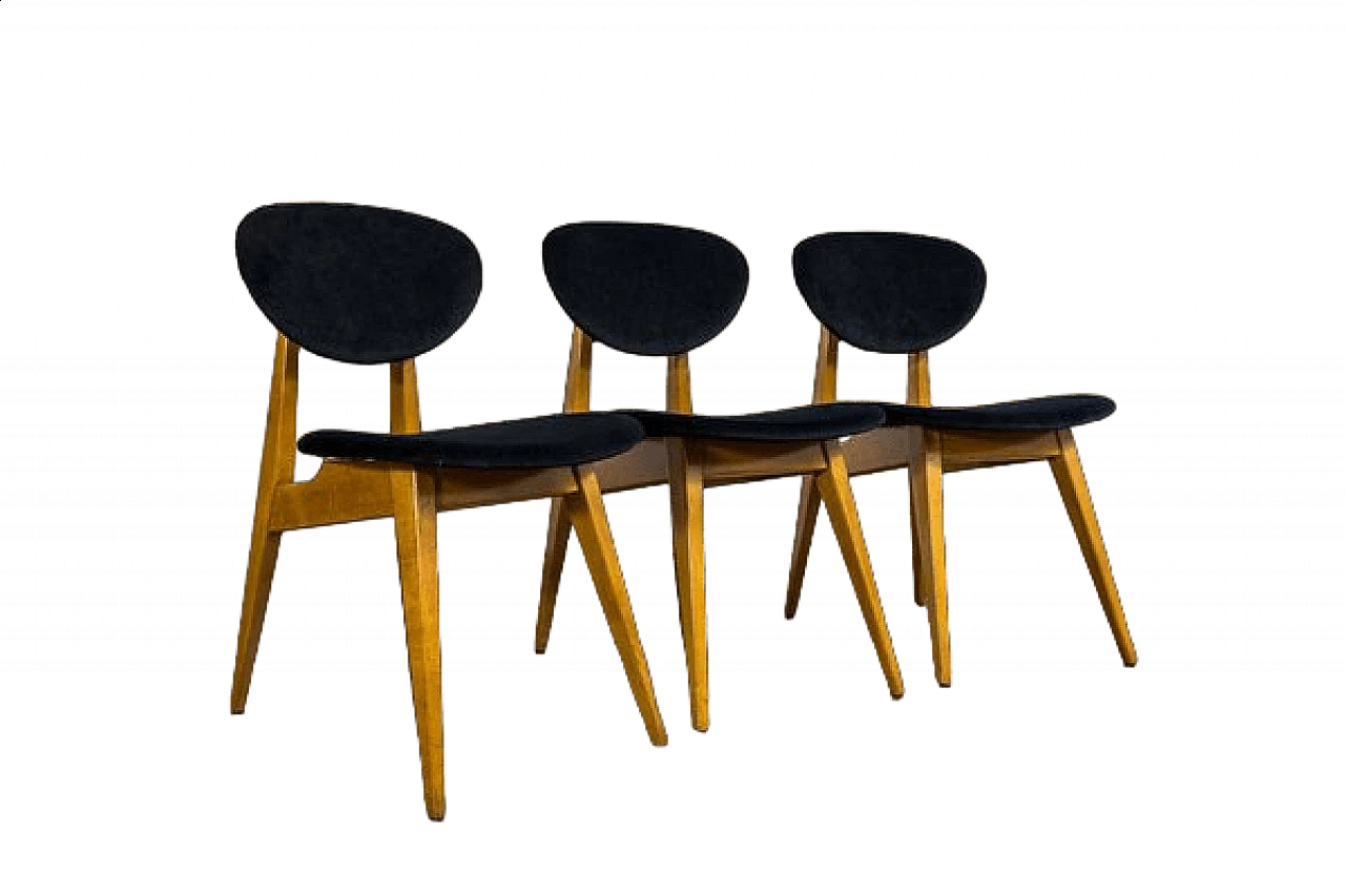 3 Chairs in beech and black fabric by Juliusz Kędziorek, 1960s 17