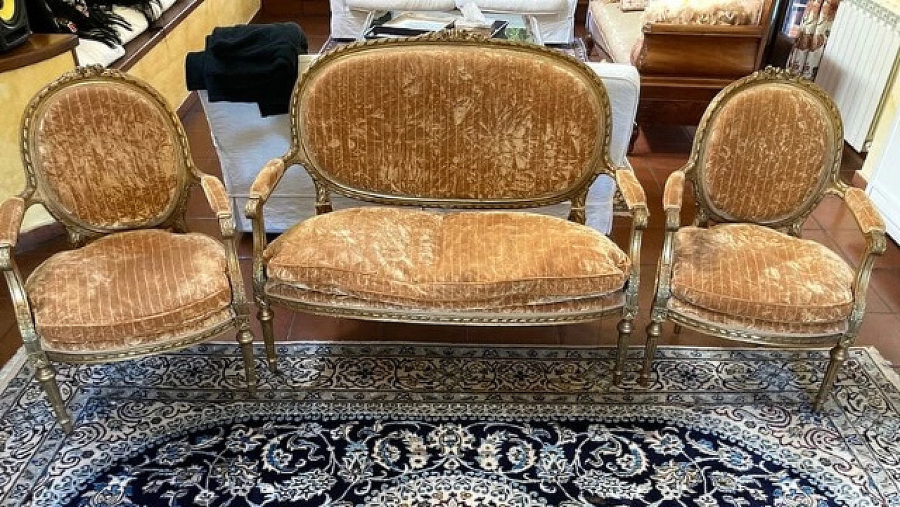 Sofa and pair of armchairs in gilded wood and velvet, 18th century 1