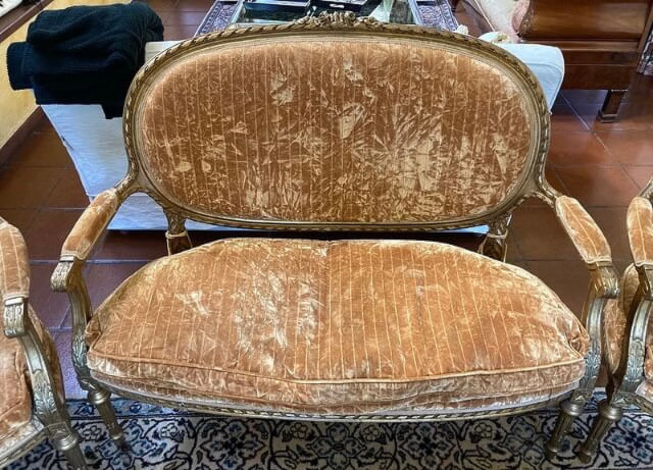 Sofa and pair of armchairs in gilded wood and velvet, 18th century 2