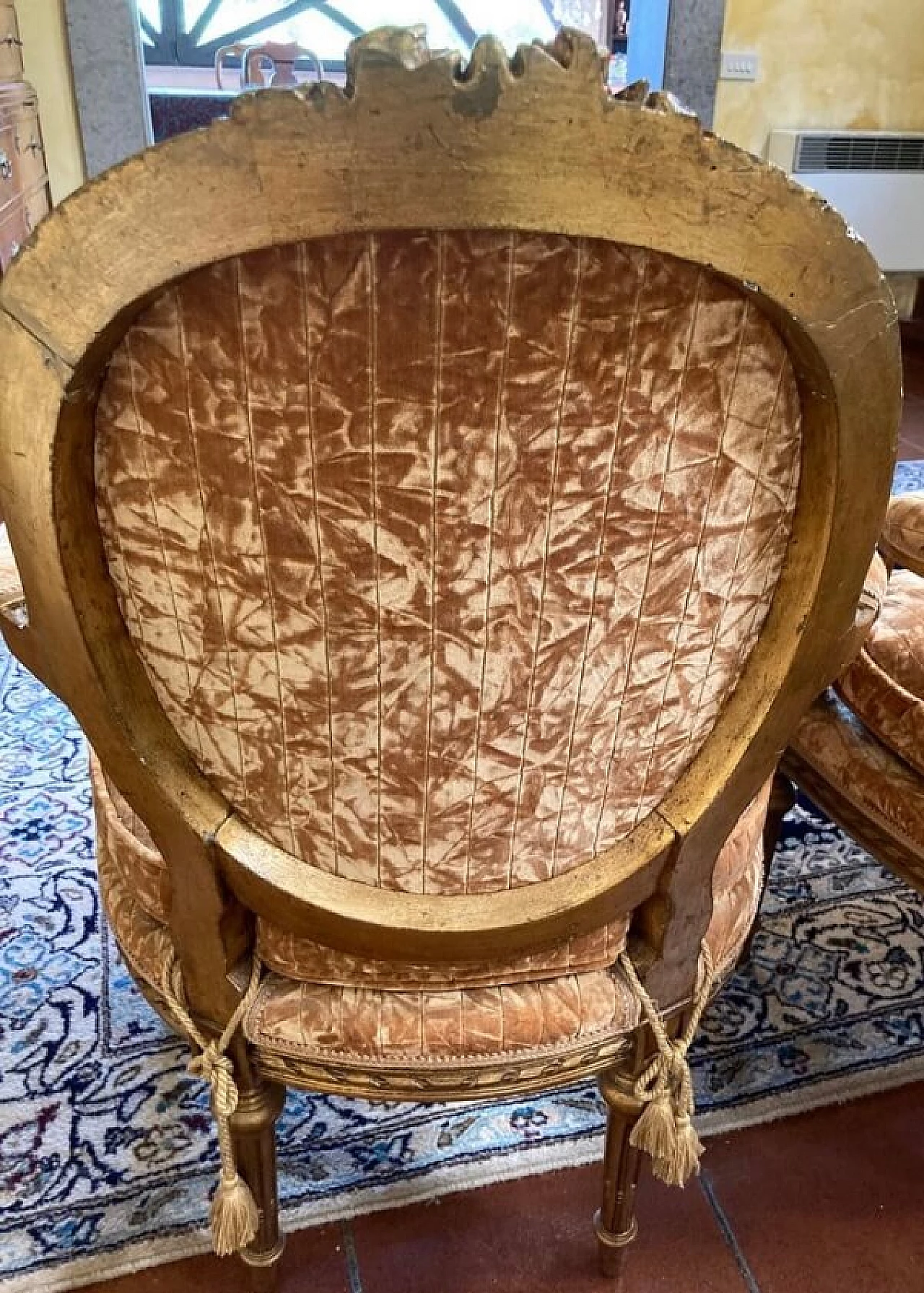 Sofa and pair of armchairs in gilded wood and velvet, 18th century 7