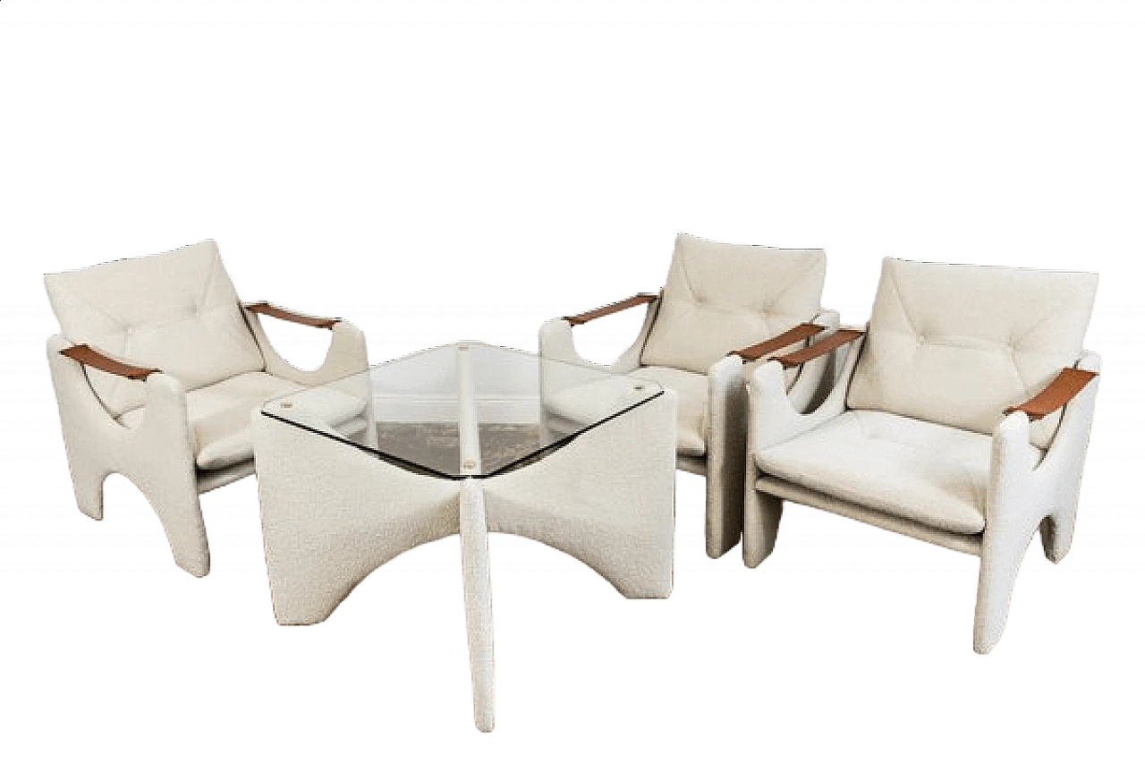 3 Fabric and wood armchairs with coffee table, 1975 36