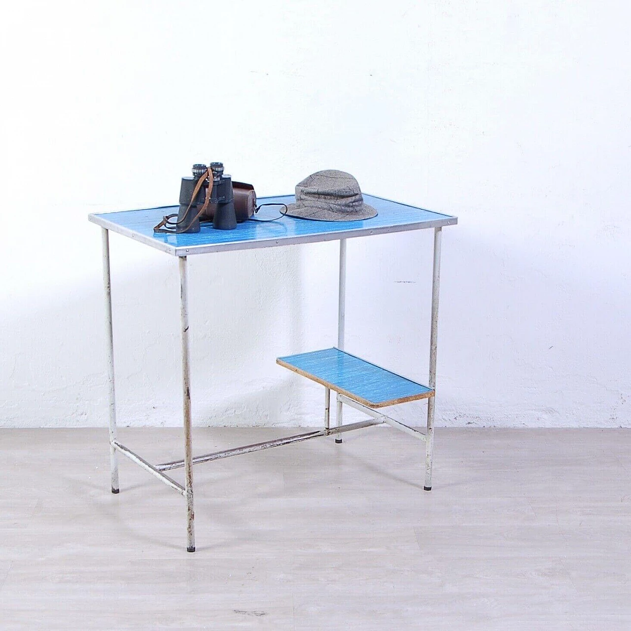 Industrial iron and blue plate teaching desk, 1970s 1