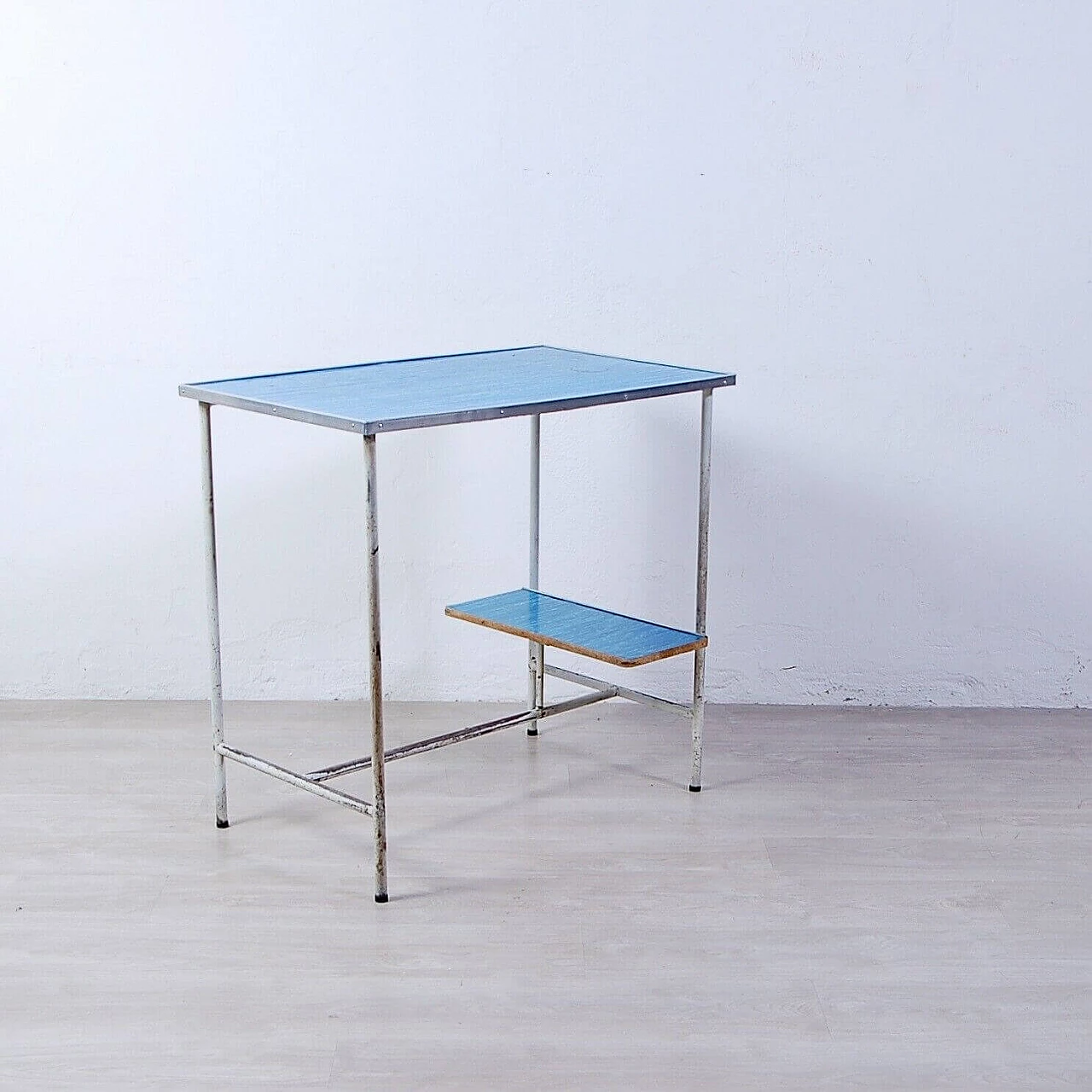 Industrial iron and blue plate teaching desk, 1970s 6