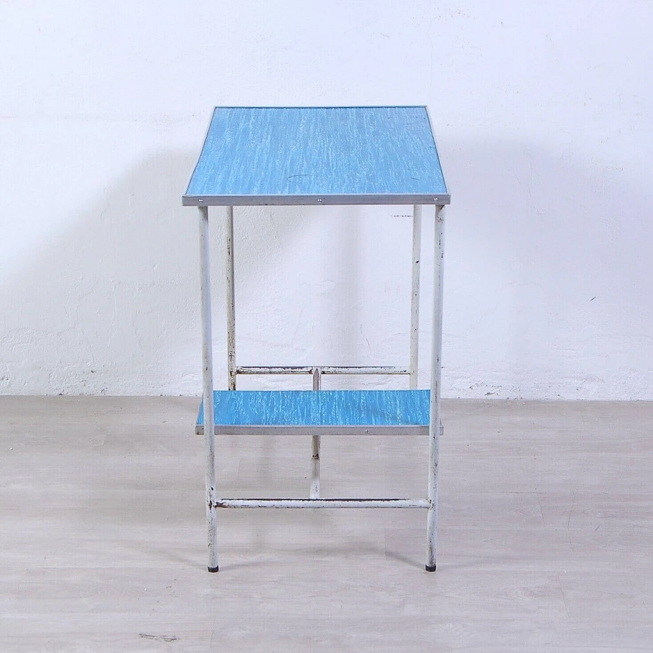 Industrial iron and blue plate teaching desk, 1970s 9