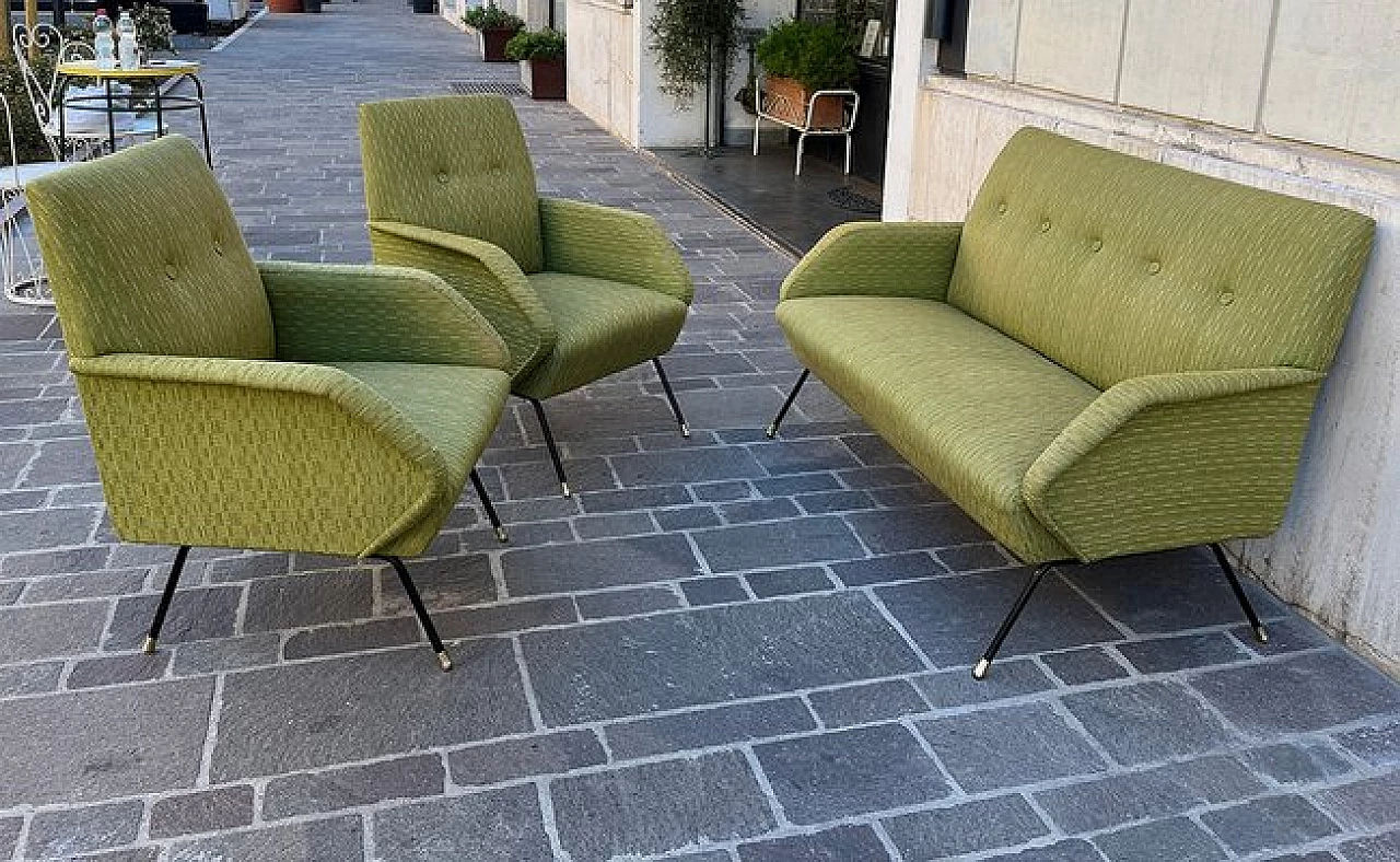 Sofa and pair of armchairs in acid green fabric, 1950s 2