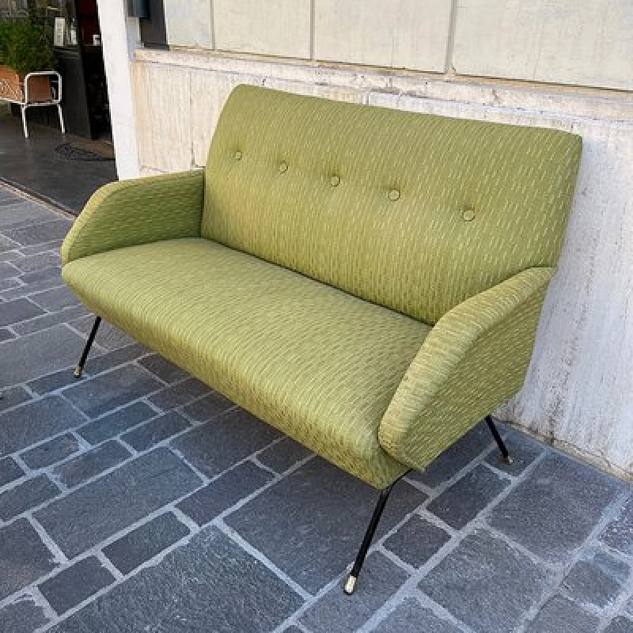 Sofa and pair of armchairs in acid green fabric, 1950s 4