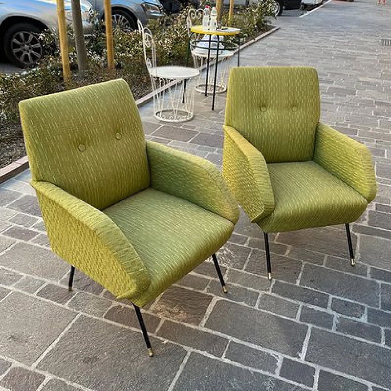 Sofa and pair of armchairs in acid green fabric, 1950s 5