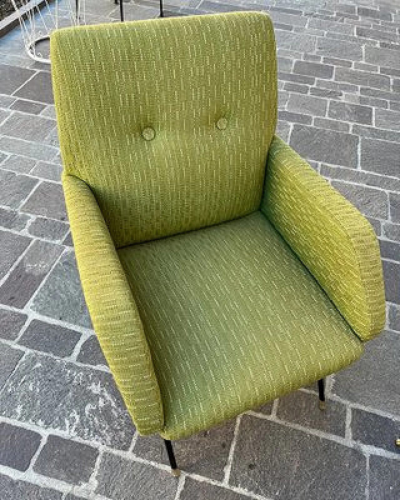 Sofa and pair of armchairs in acid green fabric, 1950s 8