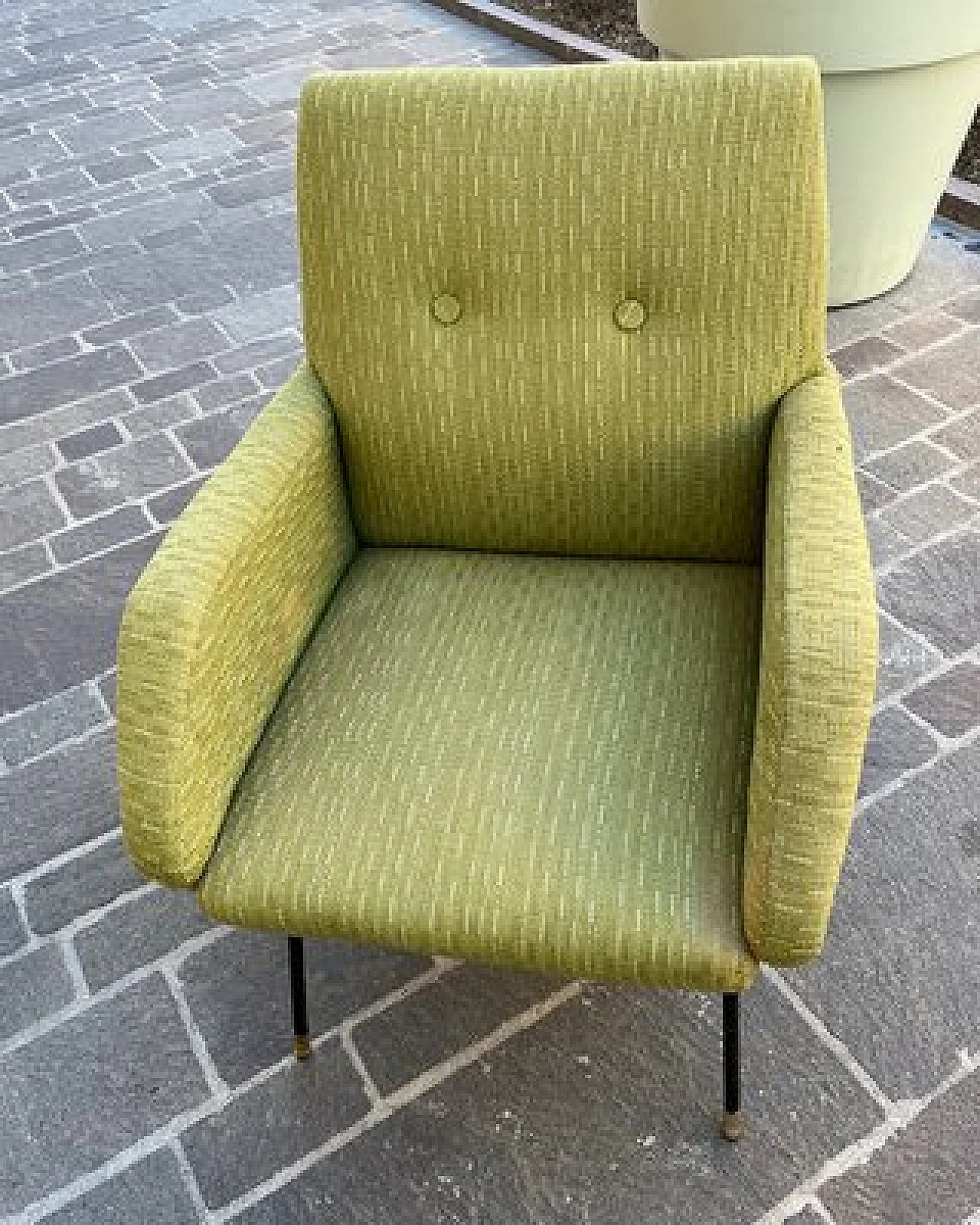 Sofa and pair of armchairs in acid green fabric, 1950s 12