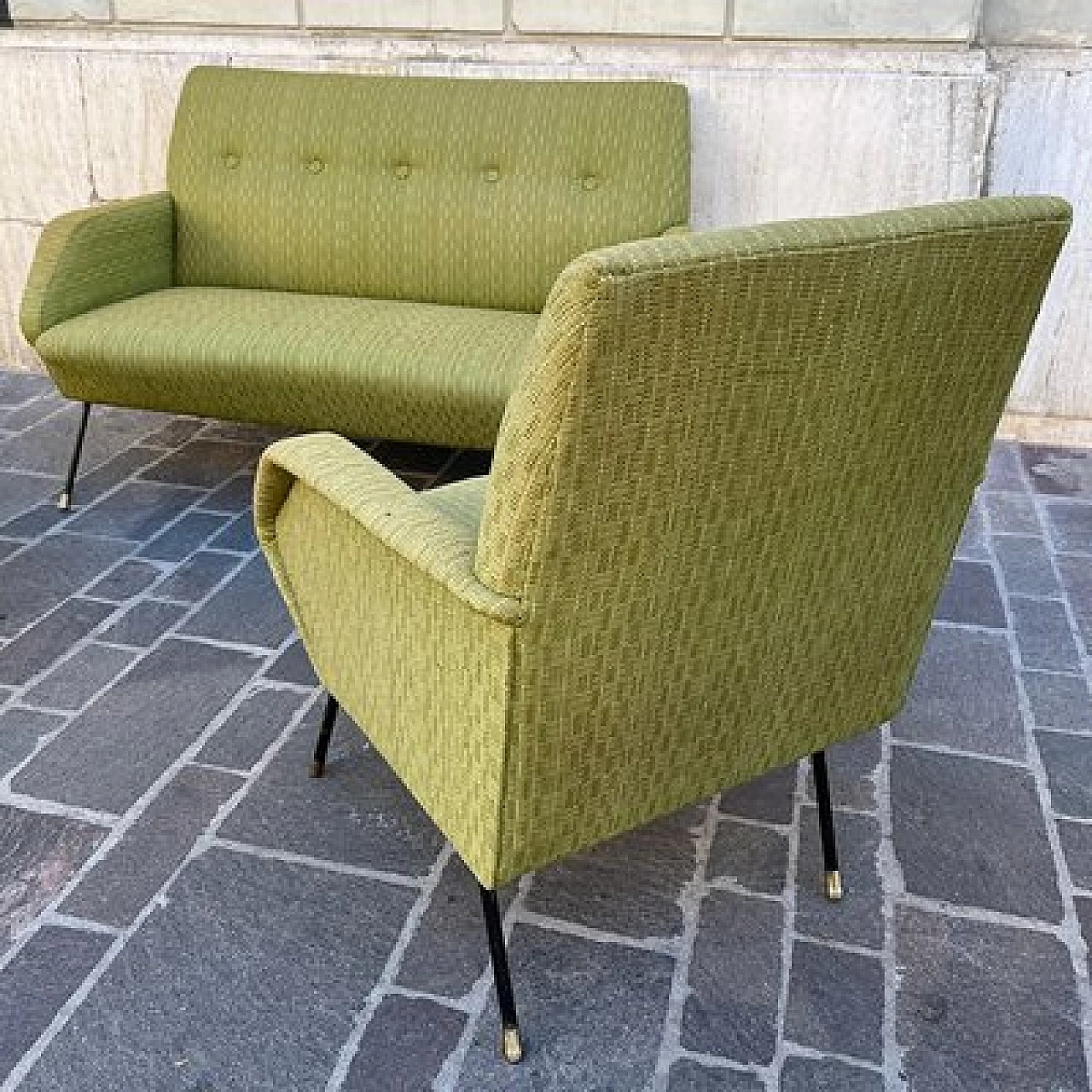 Sofa and pair of armchairs in acid green fabric, 1950s 14