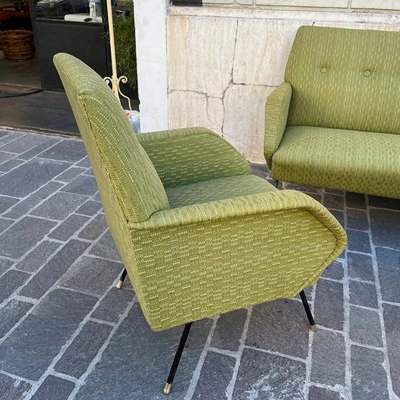 Sofa and pair of armchairs in acid green fabric, 1950s 16