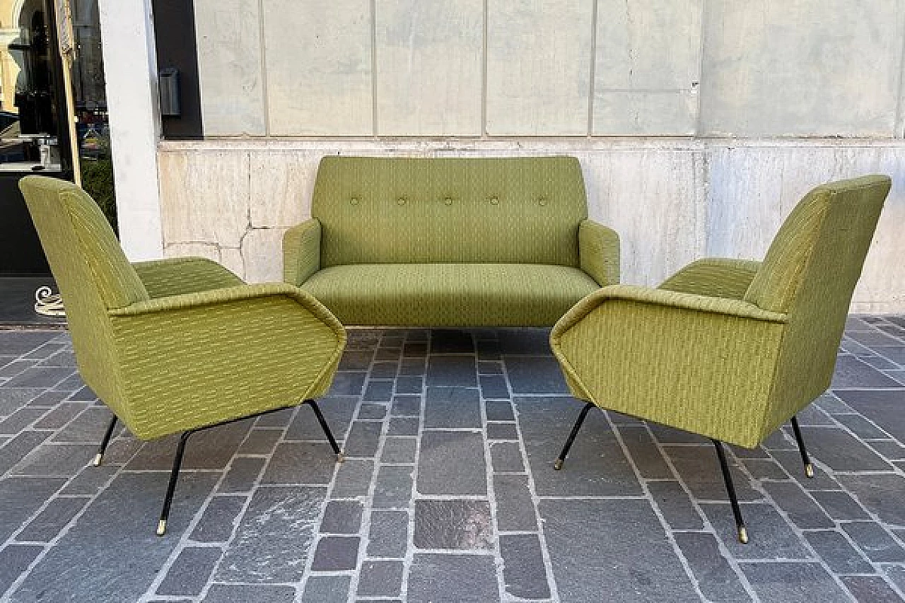 Sofa and pair of armchairs in acid green fabric, 1950s 17